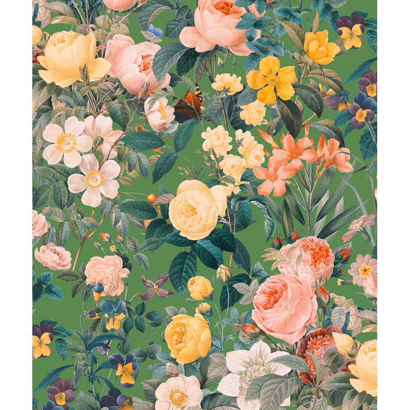 Papier peint fleurs vintages roses sur fond vert zoom