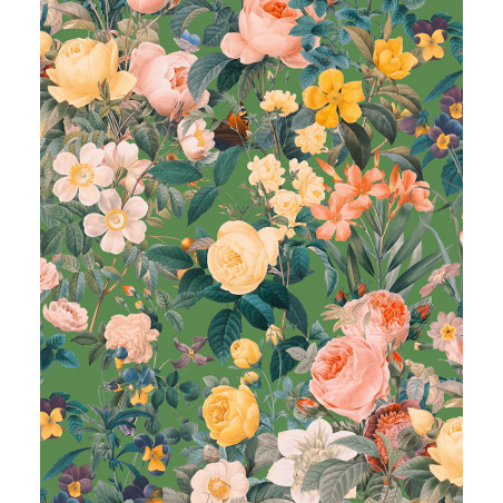 Papier peint fleurs vintages roses sur fond vert
