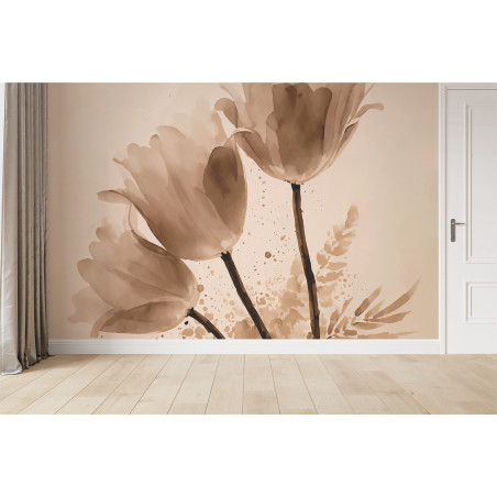 Papier Peint Panoramique Aquarelle Fleurs de Tulipe Sepia