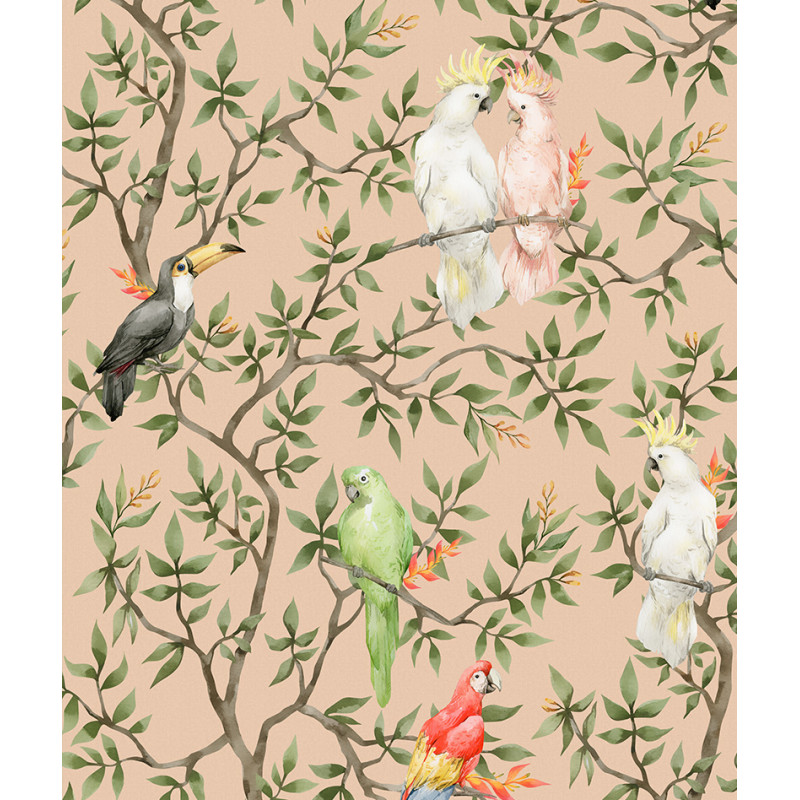 Papier peint motifs oiseaux perruches rose zoom
