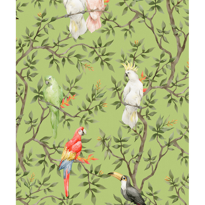 Papier peint motifs oiseaux perruches vert zoom
