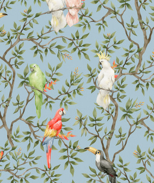 Papier peint motifs oiseaux perruches bleu