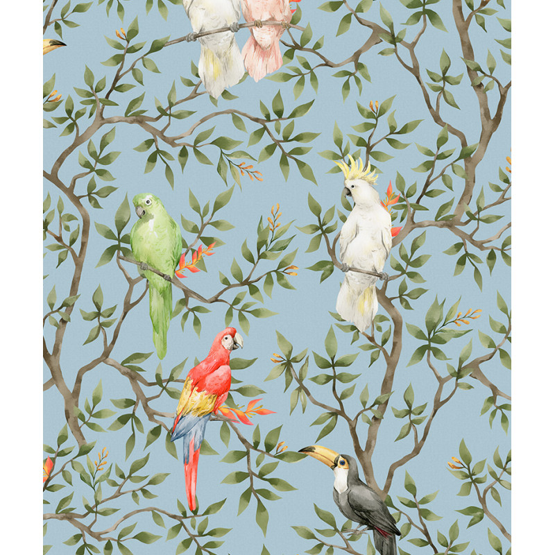 Papier peint motifs oiseaux perruches bleu zoom