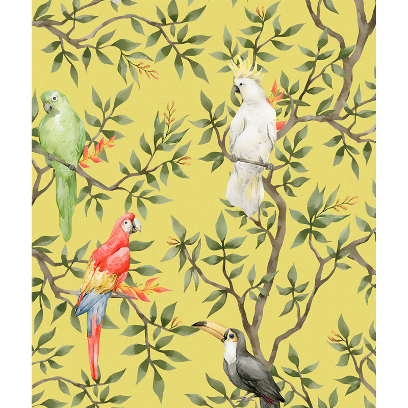 Papier peint motifs oiseaux perruches jaune zoom