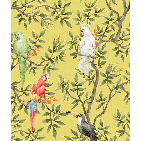 Papier peint motifs oiseaux perruches jaune