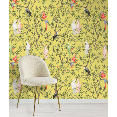 Papier peint motifs oiseaux perruches jaune