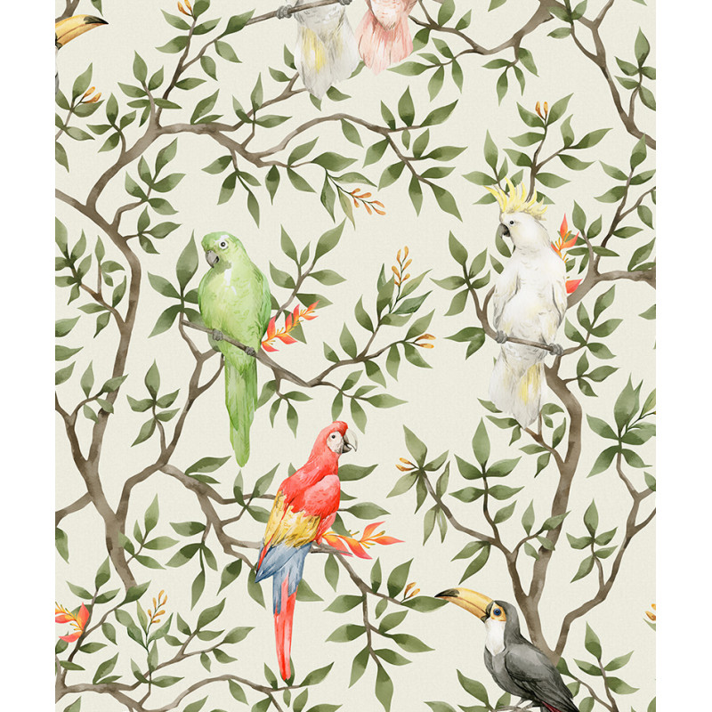 Papier peint motifs oiseaux perruches blanc zoom