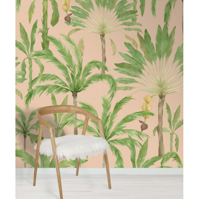 Papier peint palmiers bananiers aquarelle rose exemple