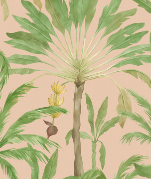 Papier peint palmiers bananiers aquarelle rose