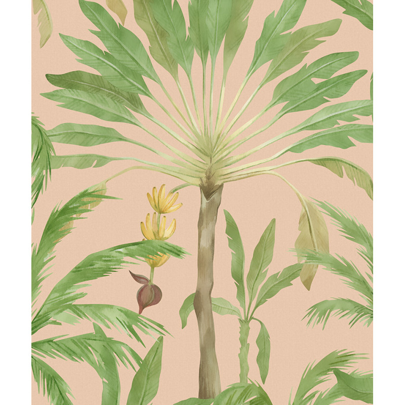 Papier peint palmiers bananiers aquarelle rose zoom