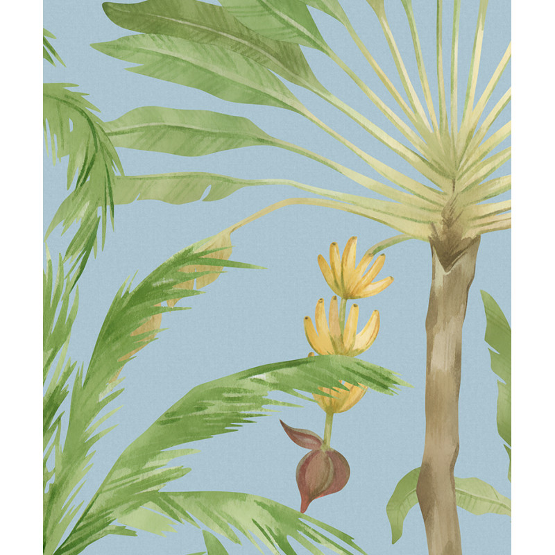 Papier peint palmiers bananiers aquarelle bleu zoom