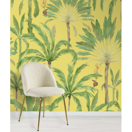 Papier peint palmiers & bananiers aquarelle jaune
