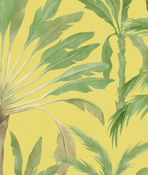 Papier peint palmiers & bananiers aquarelle jaune zoom