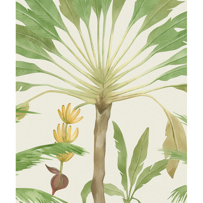 Papier peint palmiers & bananiers aquarelle blanc cassé zoom