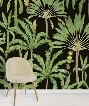 Papier peint palmiers & bananiers aquarelle noir exemple
