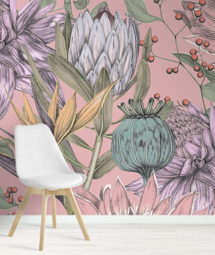 Papier peint panoramique grandes fleurs fond rose exemple
