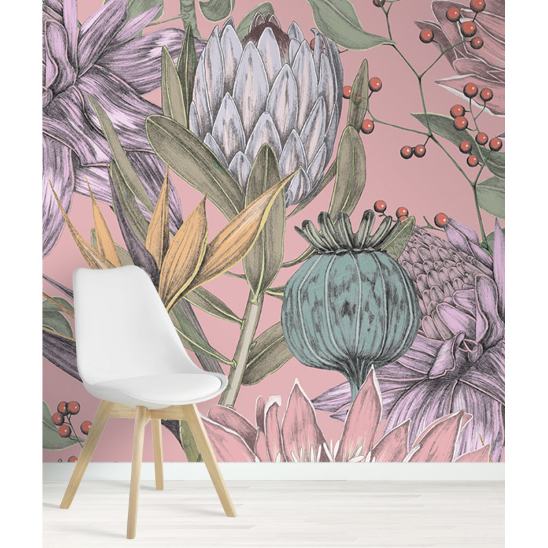 Papier peint panoramique grandes fleurs fond rose exemple