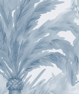 Papier peint panoramique palmiers et temple grisaille bleu