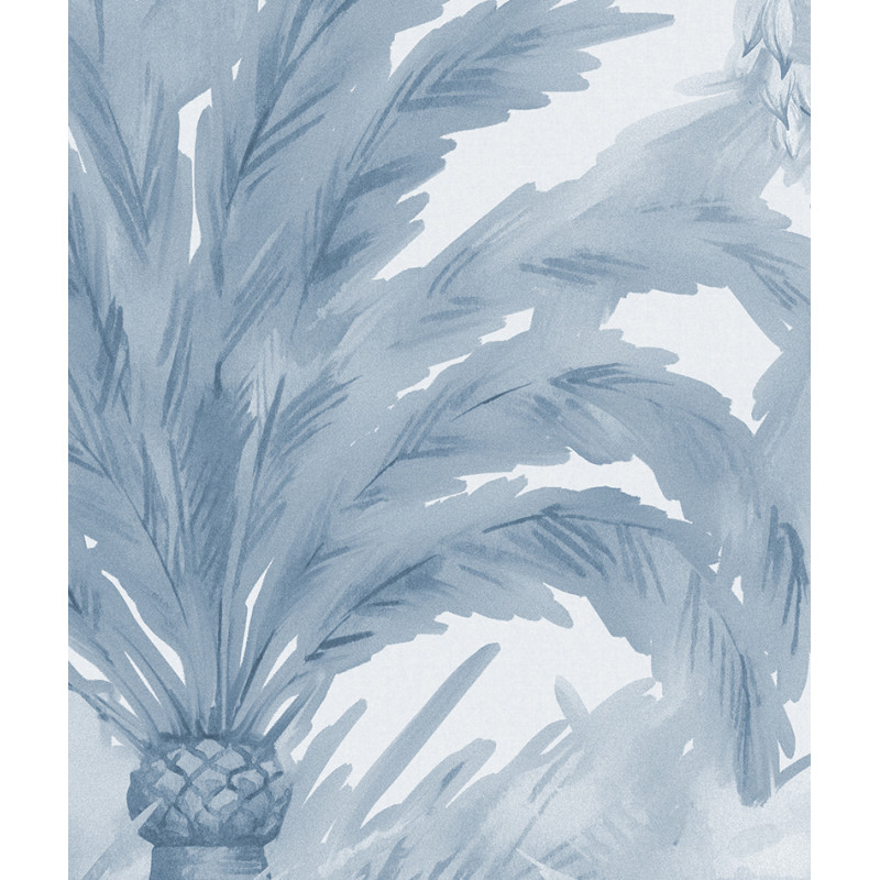 Papier peint panoramique palmiers et temple grisaille bleu zoom