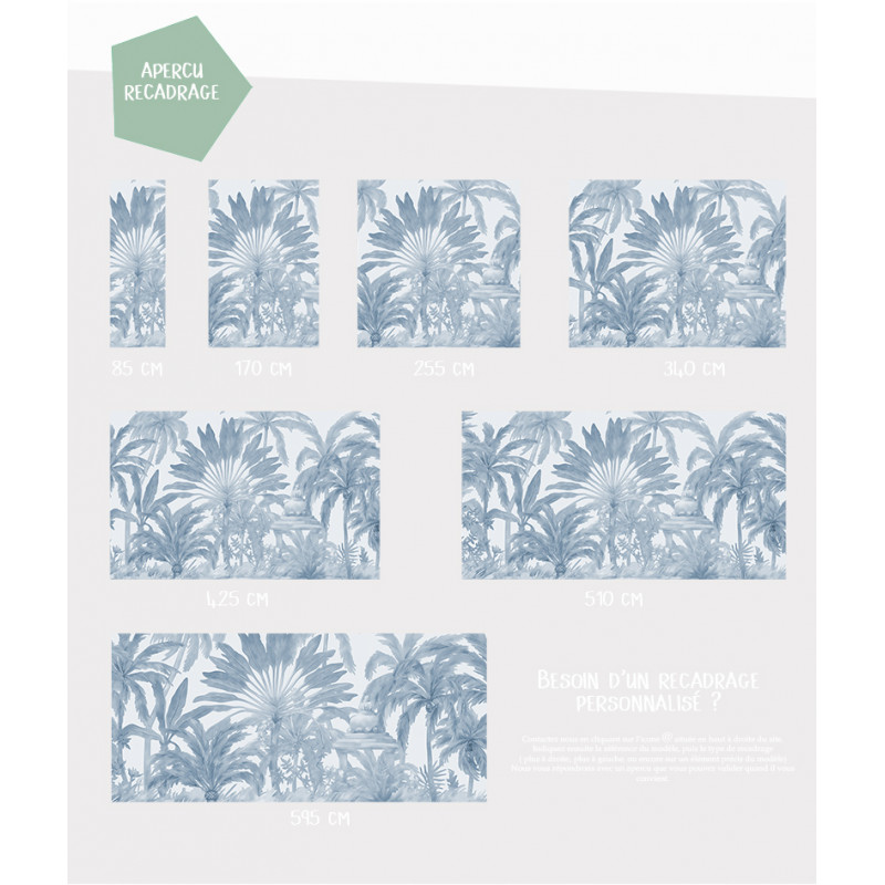 Papier peint panoramique palmiers et temple grisaille bleu formats