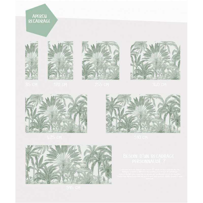 Papier peint panoramique palmiers et temple grisaille vert formats