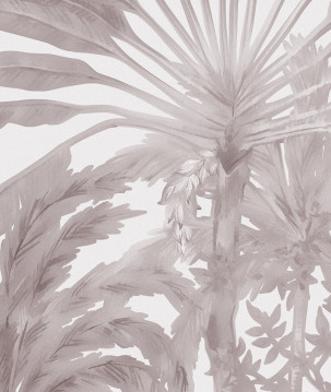 Papier peint panoramique palmiers et temple grisaille rose