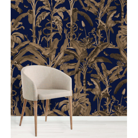Papier peint luxuriante jungle vintage fond bleu nuit exemple