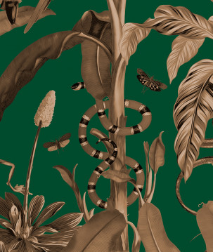 Papier peint luxuriante jungle vintage fond vert zoom