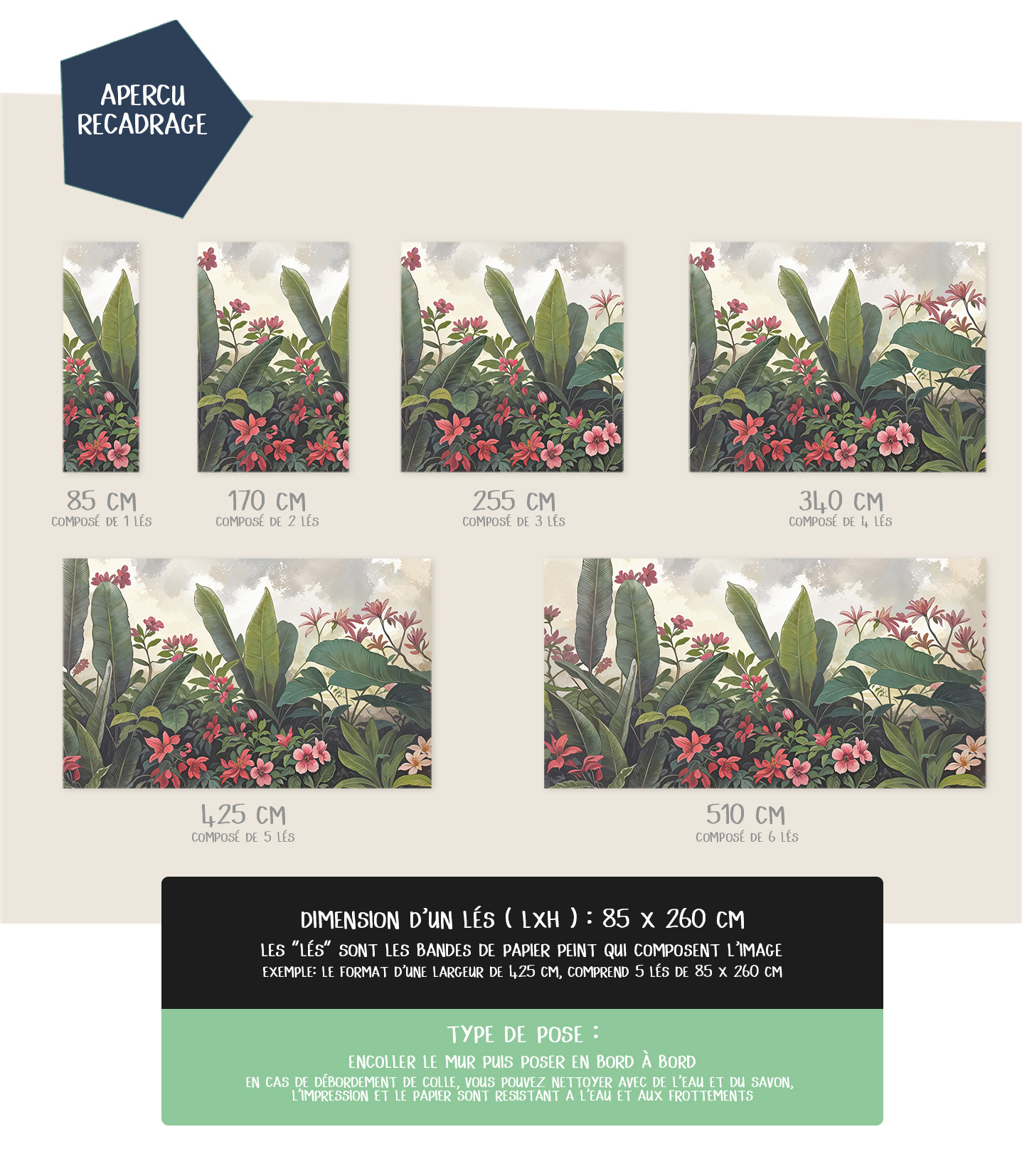 Nos formats pour le Papier Peint Jardin Floral Tropicale